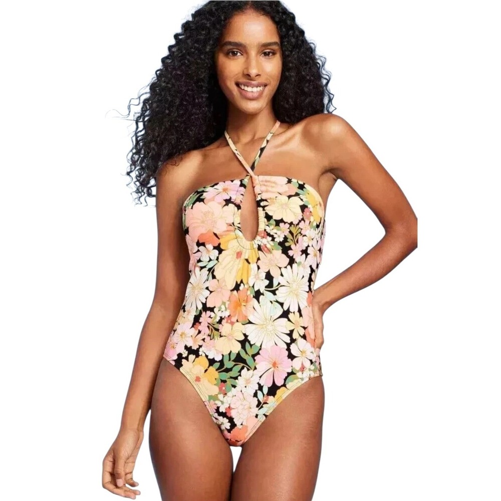 Shade & Shore Floral Halter Keyhole Bandeau One Piece Swimsuit XL 16 Multi